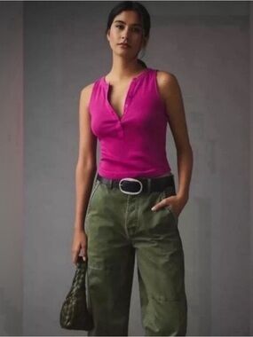 Anthropologie Pilcro Andie Ribbed Sleeveless Henley Tank in Raspberry